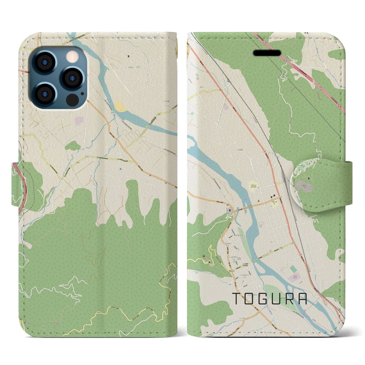 【戸倉(長野県)】地図柄iPhoneケース(手帳タイプ)ナチュラル・iPhone 12 / 12 Pro 用