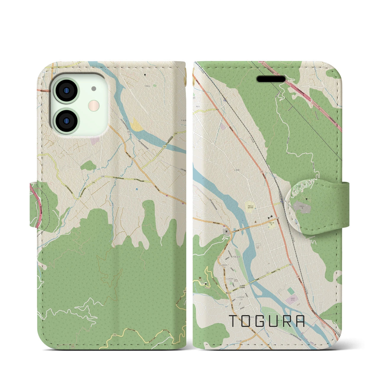 【戸倉(長野県)】地図柄iPhoneケース(手帳タイプ)ナチュラル・iPhone 12 mini 用