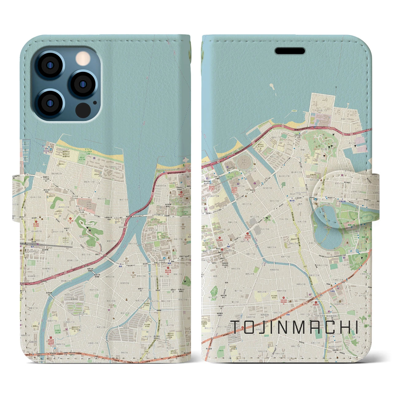 【唐人町(福岡県)】地図柄iPhoneケース(手帳タイプ)ナチュラル・iPhone 12 / 12 Pro 用