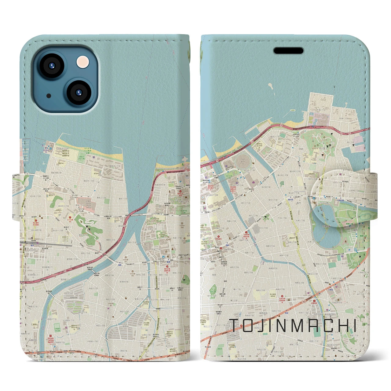 【唐人町(福岡県)】地図柄iPhoneケース(手帳タイプ)ナチュラル・iPhone 13 用