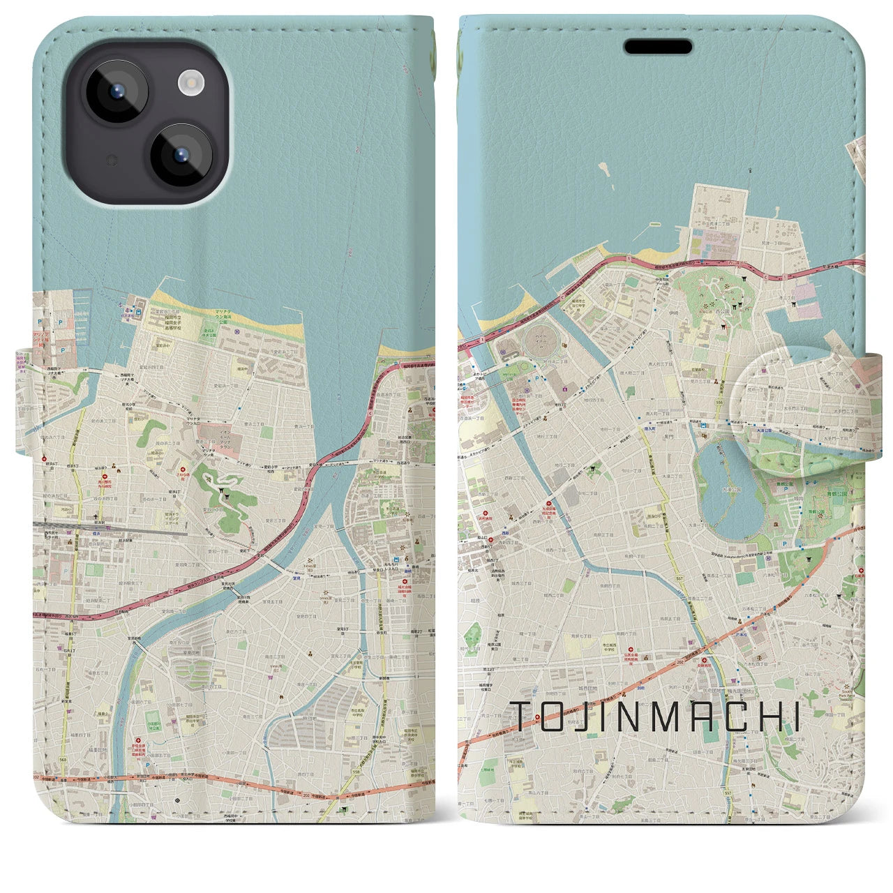【唐人町(福岡県)】地図柄iPhoneケース(手帳タイプ)ナチュラル・iPhone 14 Plus 用
