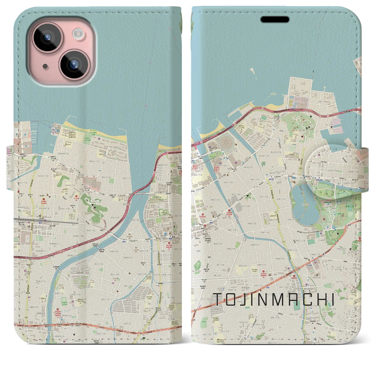 【唐人町(福岡県)】地図柄iPhoneケース(手帳タイプ)ナチュラル・iPhone 15 Plus 用