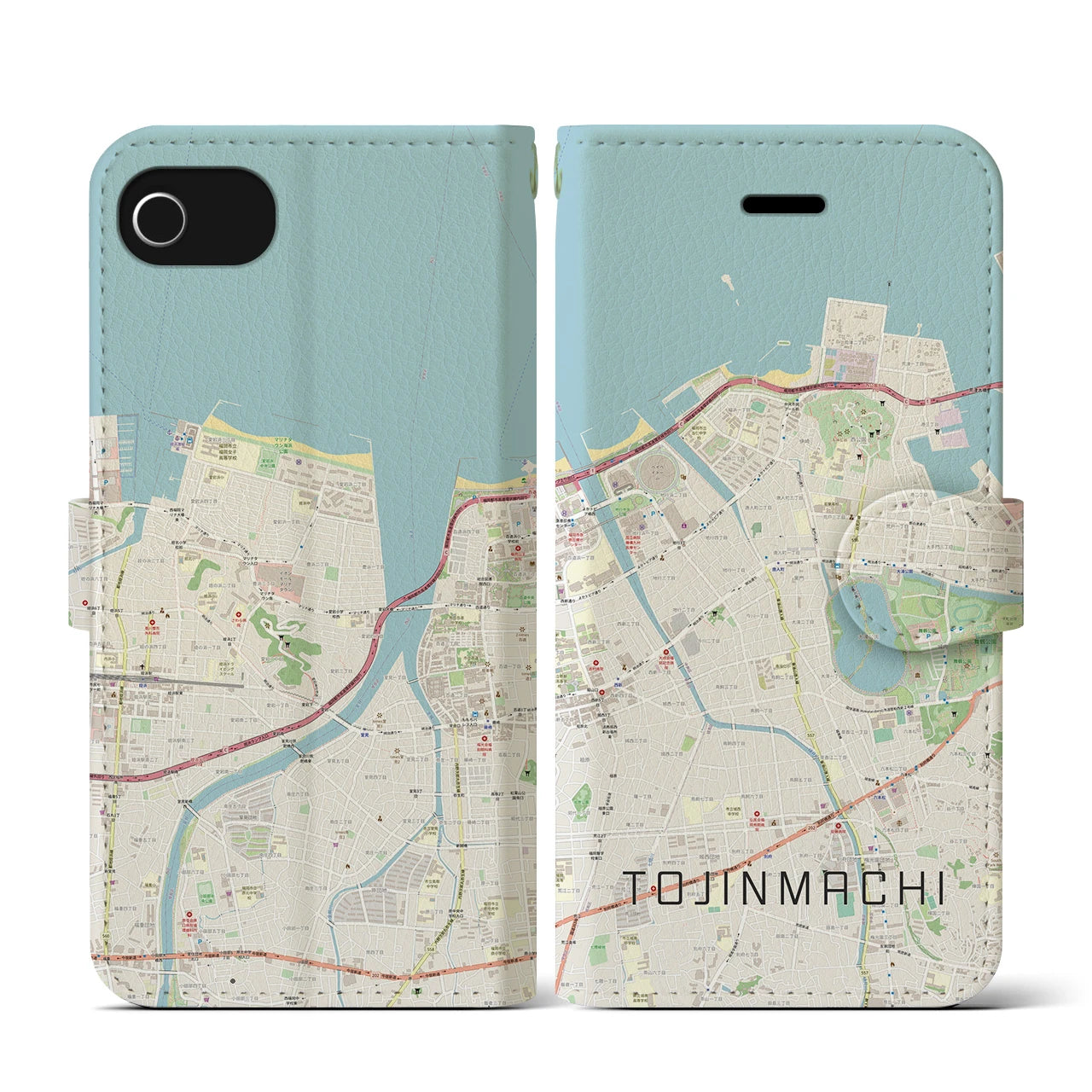 【唐人町(福岡県)】地図柄iPhoneケース(手帳タイプ)ナチュラル・iPhone SE(第3 / 第2世代) / 8 / 7 / 6s / 6 用