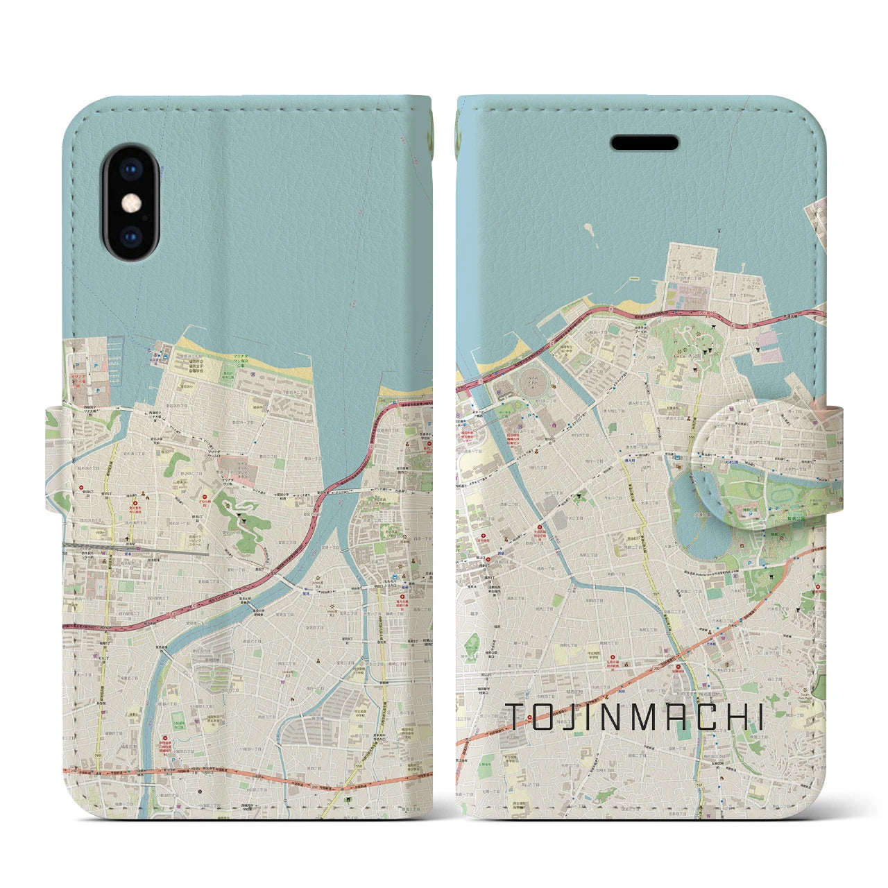 【唐人町(福岡県)】地図柄iPhoneケース(手帳タイプ)ナチュラル・iPhone XS / X 用