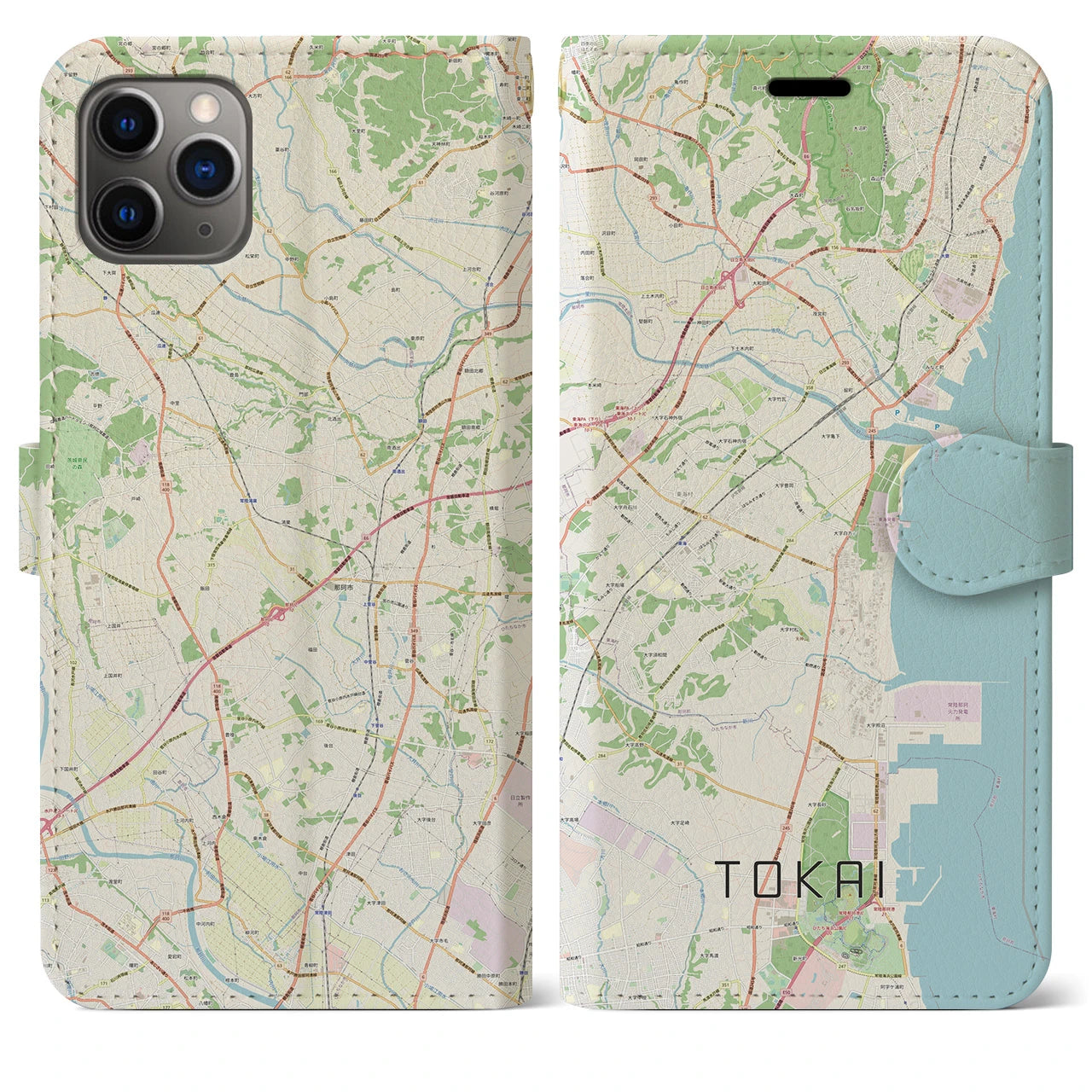 【東海(茨城県)】地図柄iPhoneケース(手帳タイプ)ナチュラル・iPhone 11 Pro Max 用