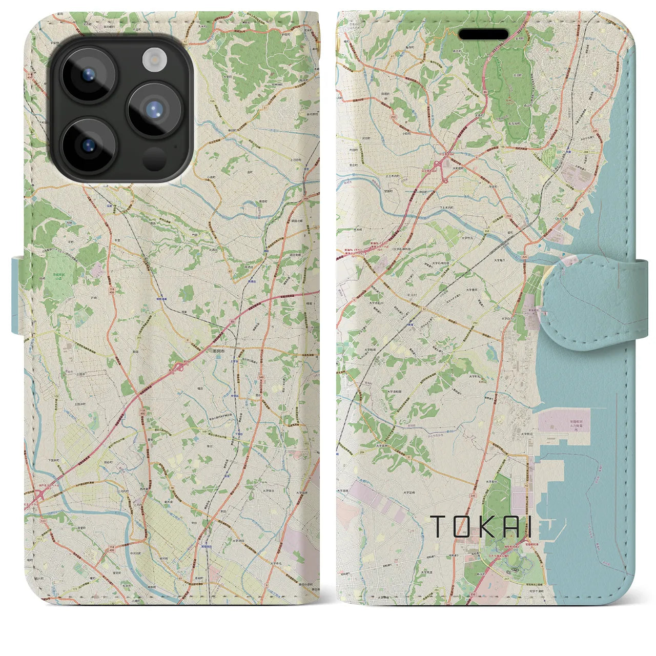 【東海(茨城県)】地図柄iPhoneケース(手帳タイプ)ナチュラル・iPhone 15 Pro Max 用