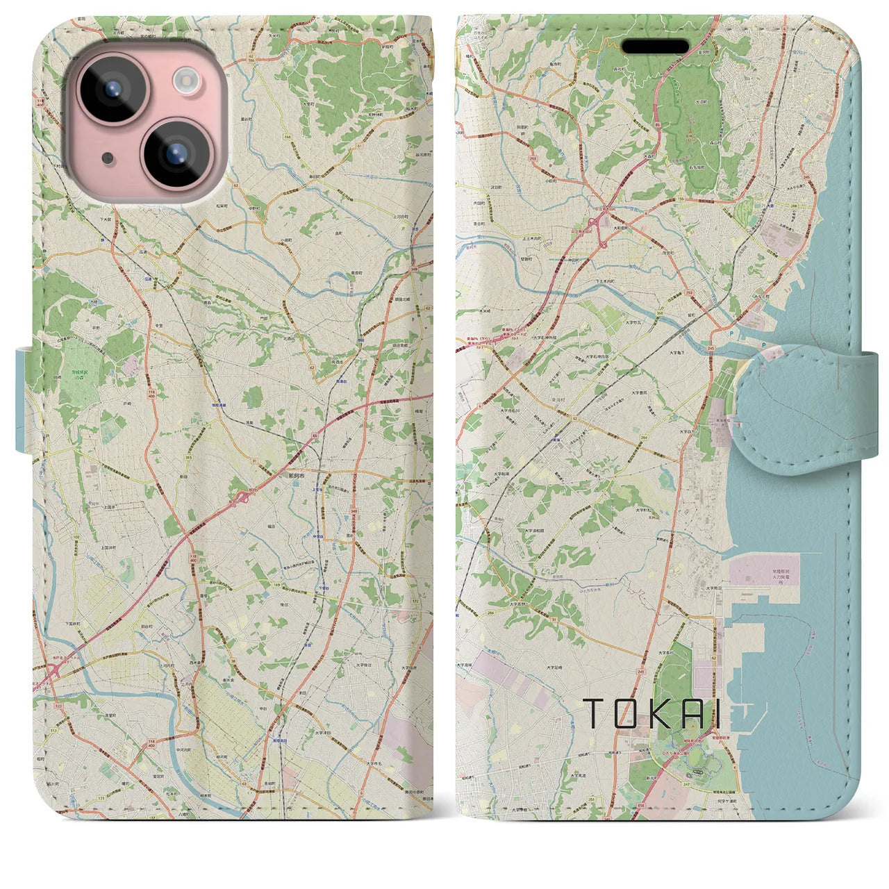 【東海(茨城県)】地図柄iPhoneケース(手帳タイプ)ナチュラル・iPhone 15 Plus 用