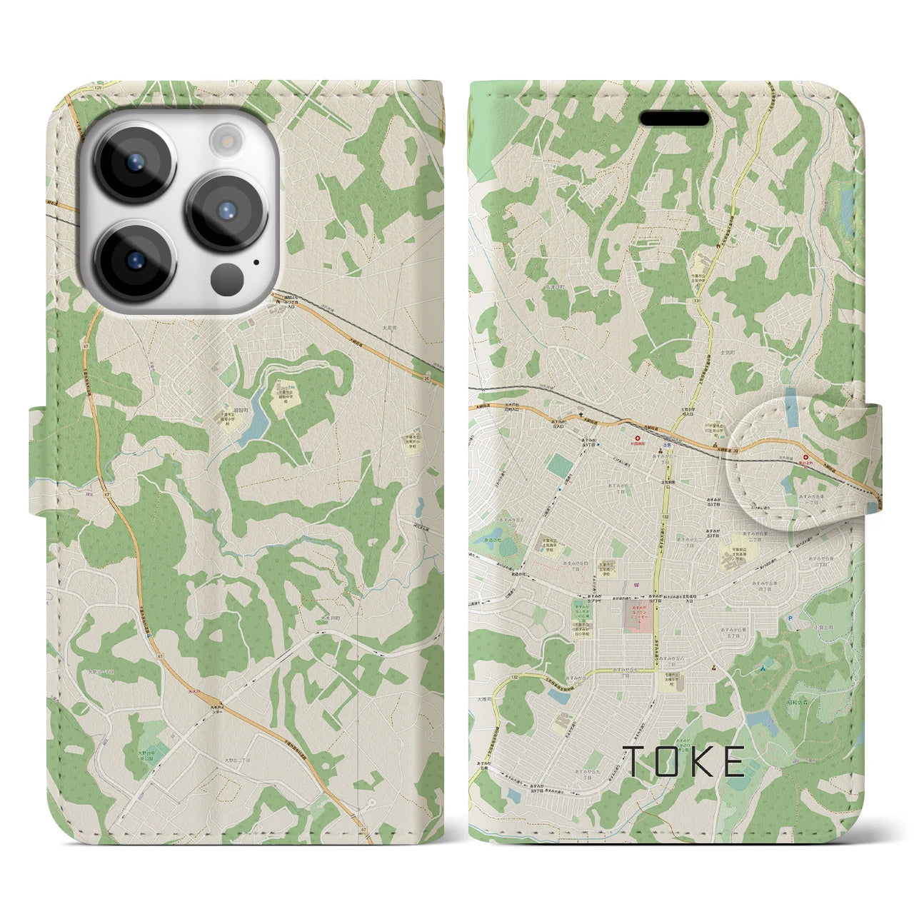 【土気(千葉県)】地図柄iPhoneケース(手帳タイプ)ナチュラル・iPhone 14 Pro 用