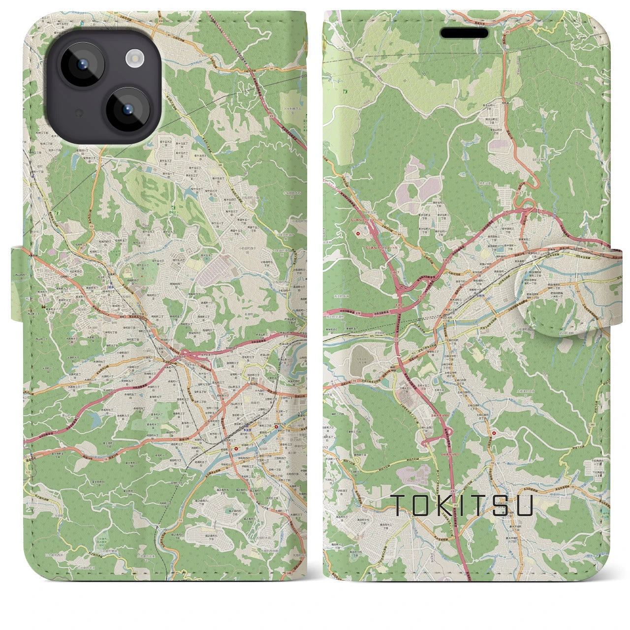 【土岐津(岐阜県)】地図柄iPhoneケース(手帳タイプ)ナチュラル・iPhone 14 Plus 用
