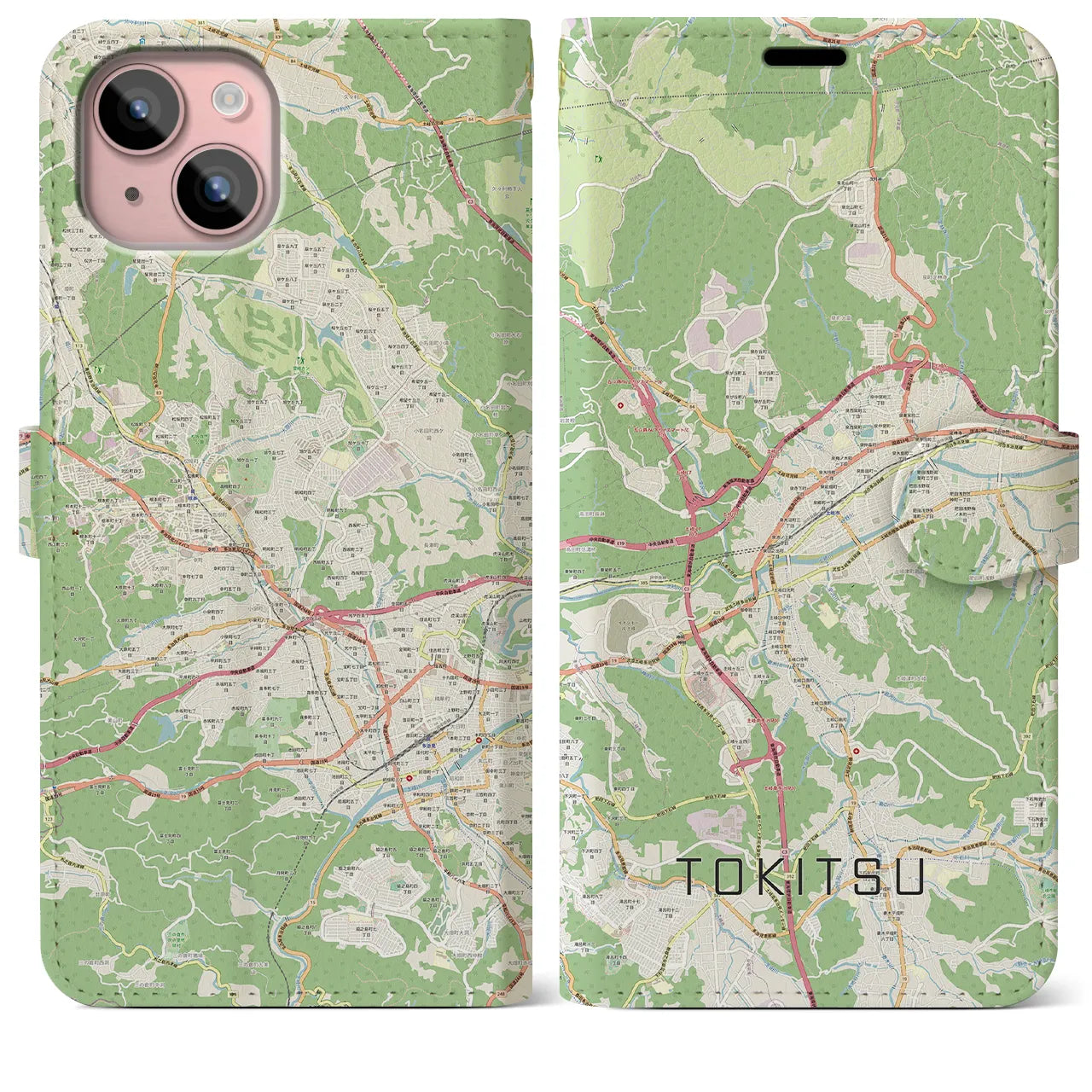 【土岐津(岐阜県)】地図柄iPhoneケース(手帳タイプ)ナチュラル・iPhone 15 Plus 用