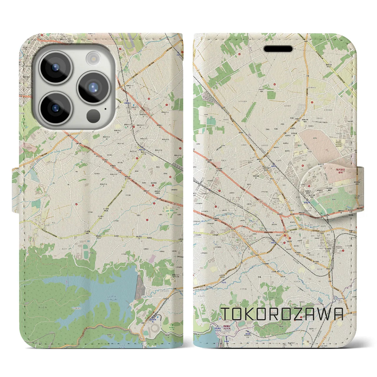 【所沢2(埼玉県)】地図柄iPhoneケース(手帳タイプ)ナチュラル・iPhone 15 Pro 用