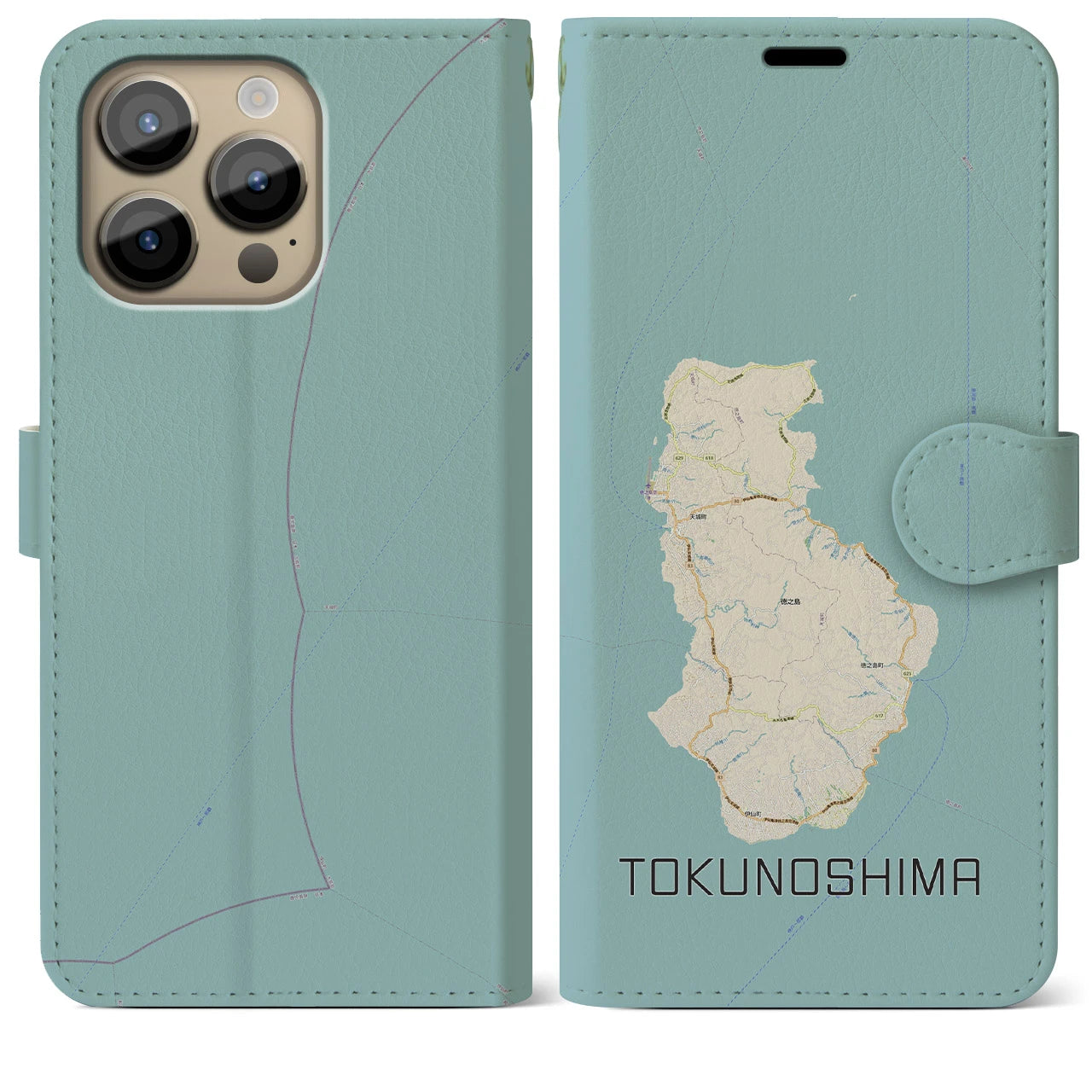 【徳之島(鹿児島県)】地図柄iPhoneケース(手帳タイプ)ナチュラル・iPhone 14 Pro Max 用