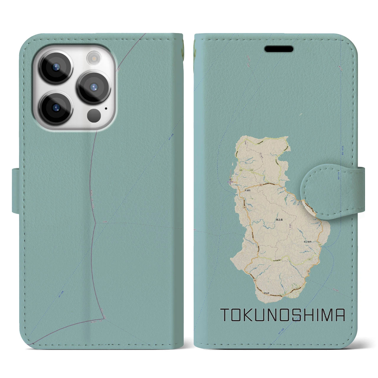 【徳之島(鹿児島県)】地図柄iPhoneケース(手帳タイプ)ナチュラル・iPhone 14 Pro 用
