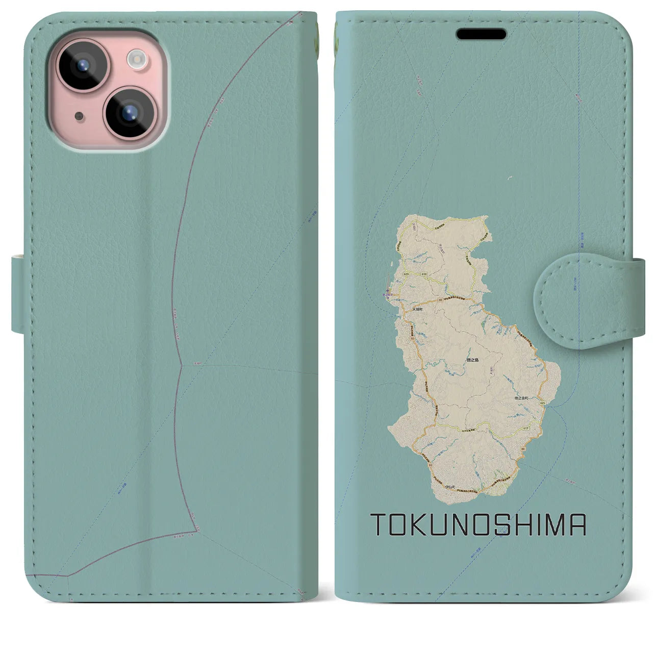 【徳之島(鹿児島県)】地図柄iPhoneケース(手帳タイプ)ナチュラル・iPhone 15 Plus 用