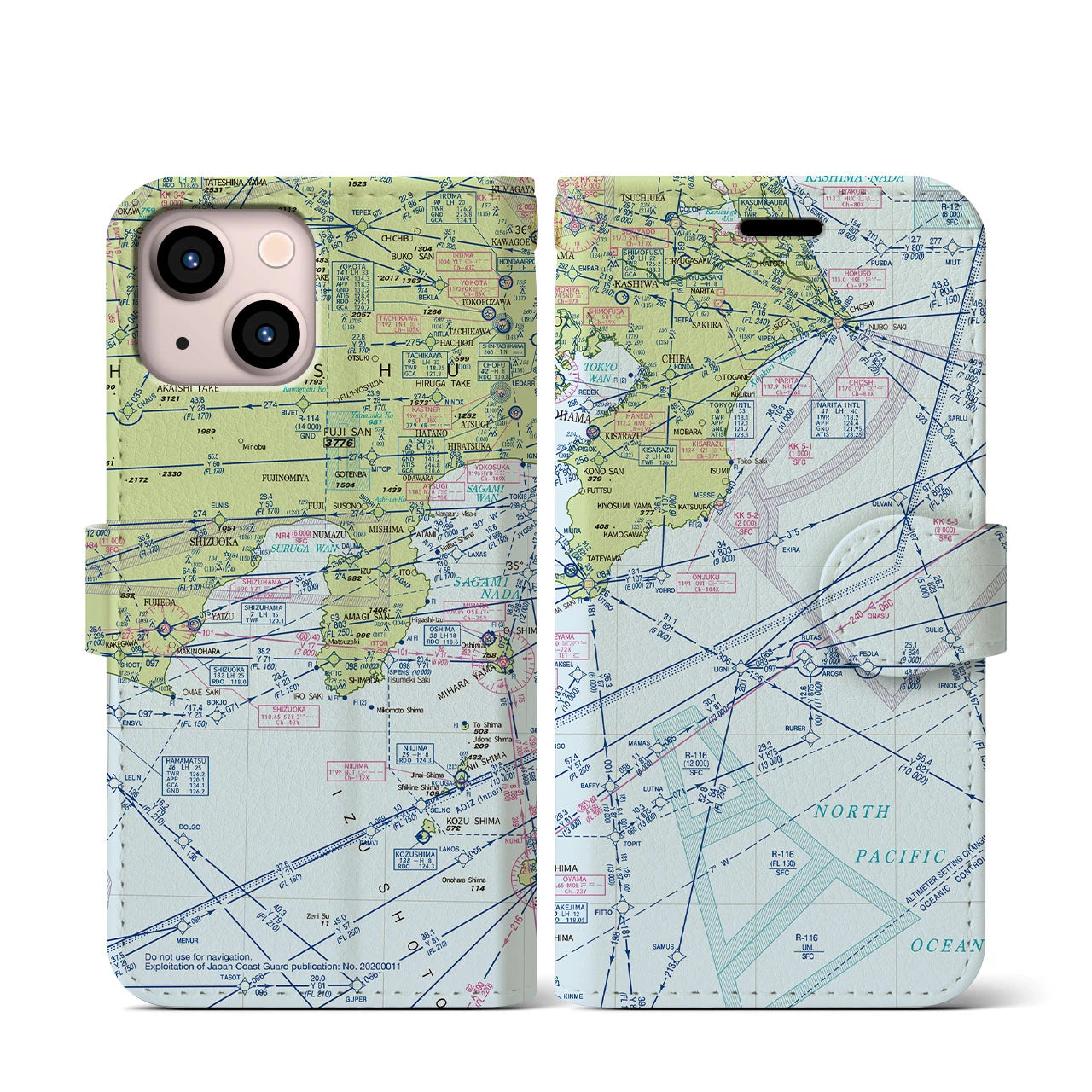 【東京航空図(東京都)】航空図iPhoneケース(手帳タイプ)デイタイムフライト・iPhone 13 mini 用