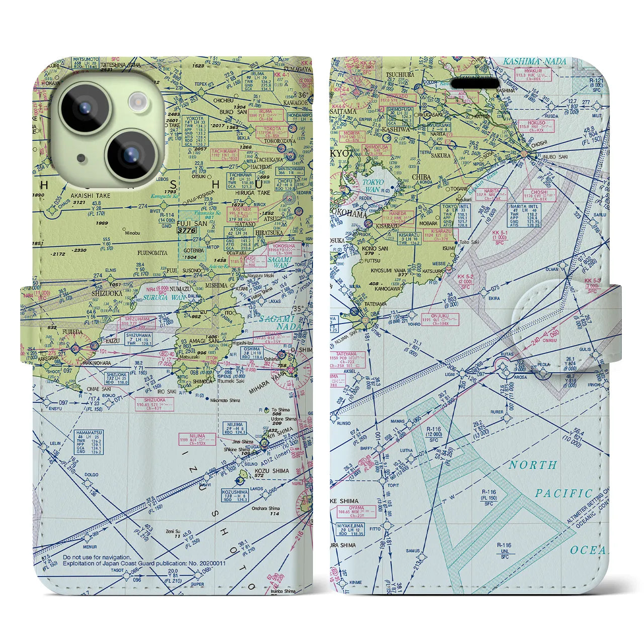 【東京航空図(東京都)】航空図iPhoneケース(手帳タイプ)デイタイムフライト・iPhone 15 用