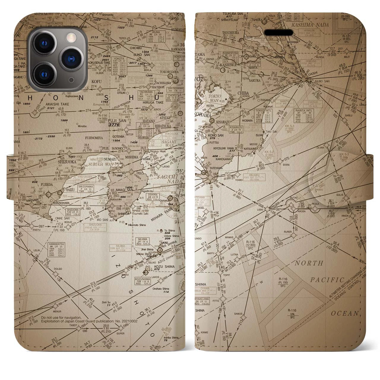 【東京航空図(東京都)】航空図iPhoneケース(手帳タイプ)セピア・iPhone 11 Pro Max 用