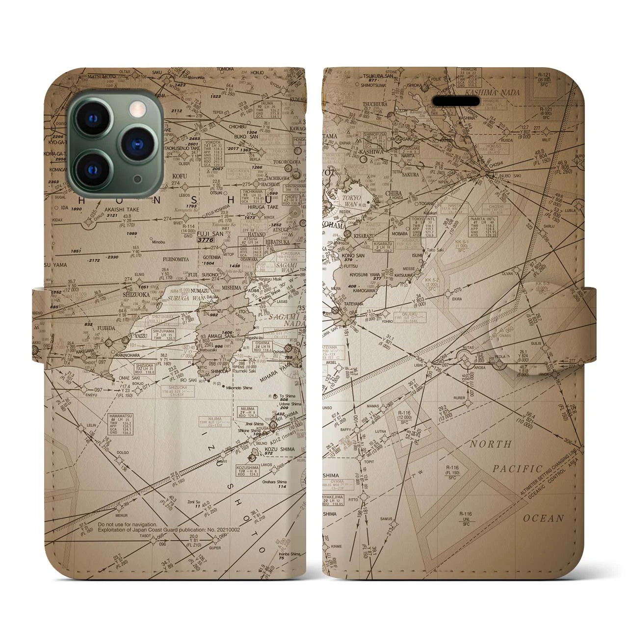 【東京航空図(東京都)】航空図iPhoneケース(手帳タイプ)セピア・iPhone 11 Pro 用