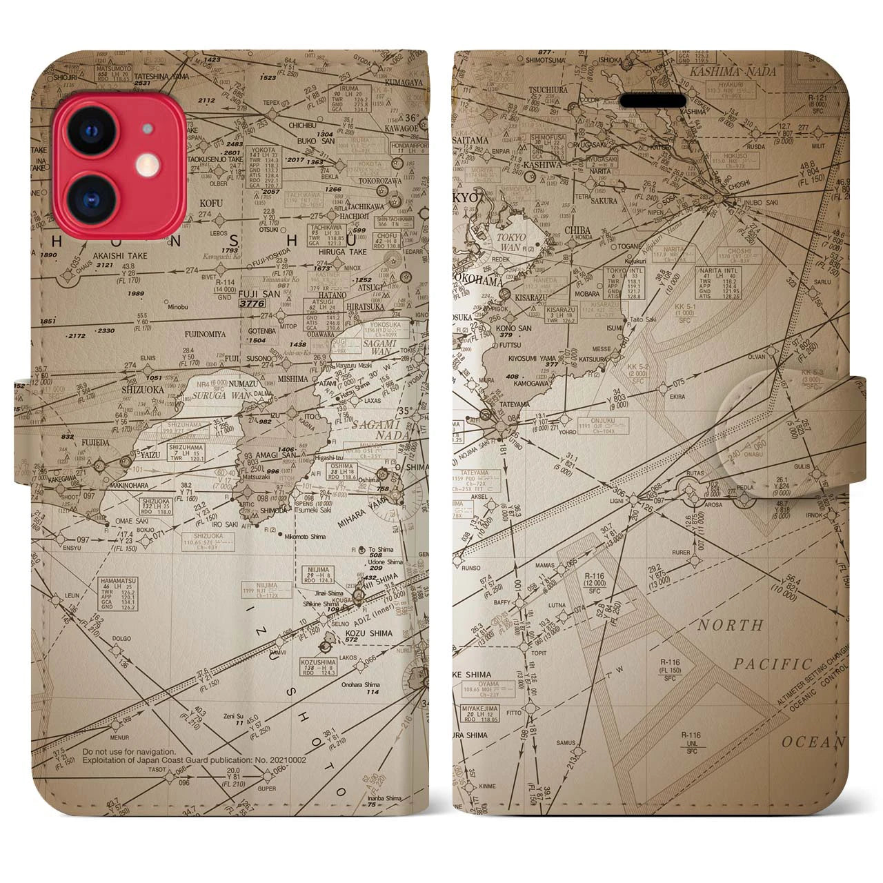 【東京航空図(東京都)】航空図iPhoneケース(手帳タイプ)セピア・iPhone 11 用
