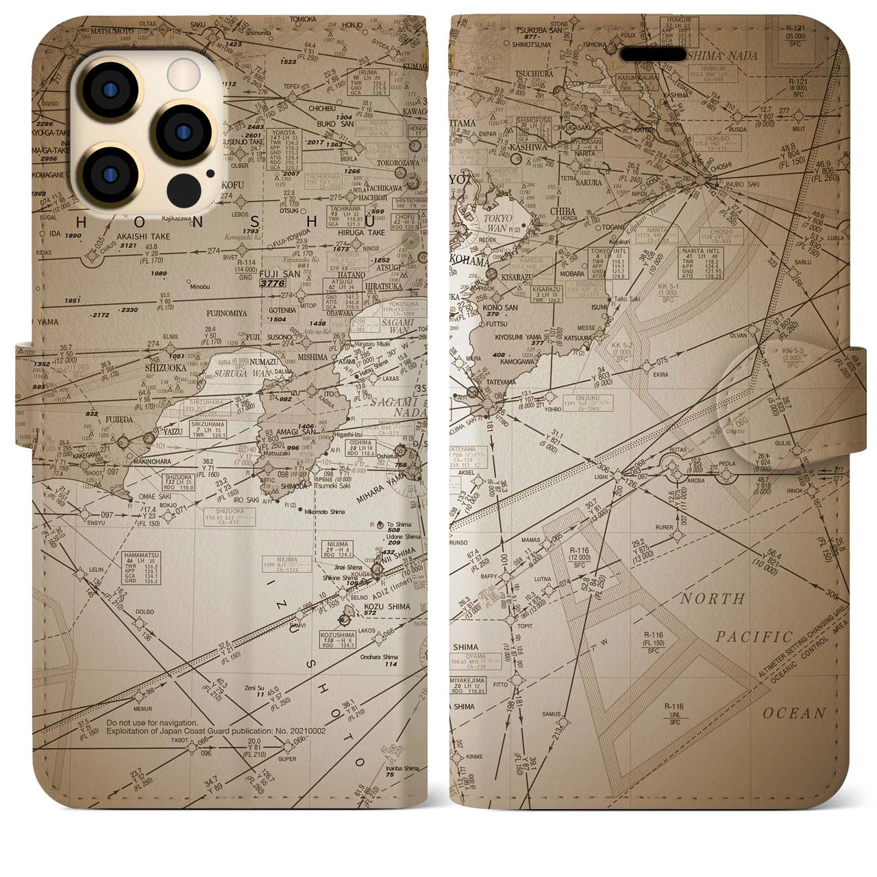 【東京航空図(東京都)】航空図iPhoneケース(手帳タイプ)セピア・iPhone 12 Pro Max 用
