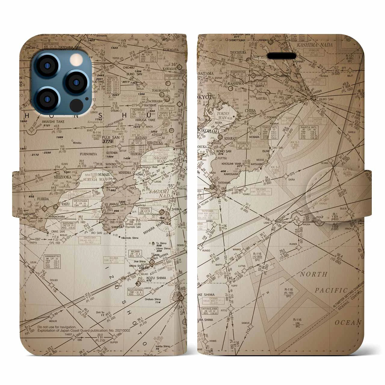 【東京航空図(東京都)】航空図iPhoneケース(手帳タイプ)セピア・iPhone 12 / 12 Pro 用