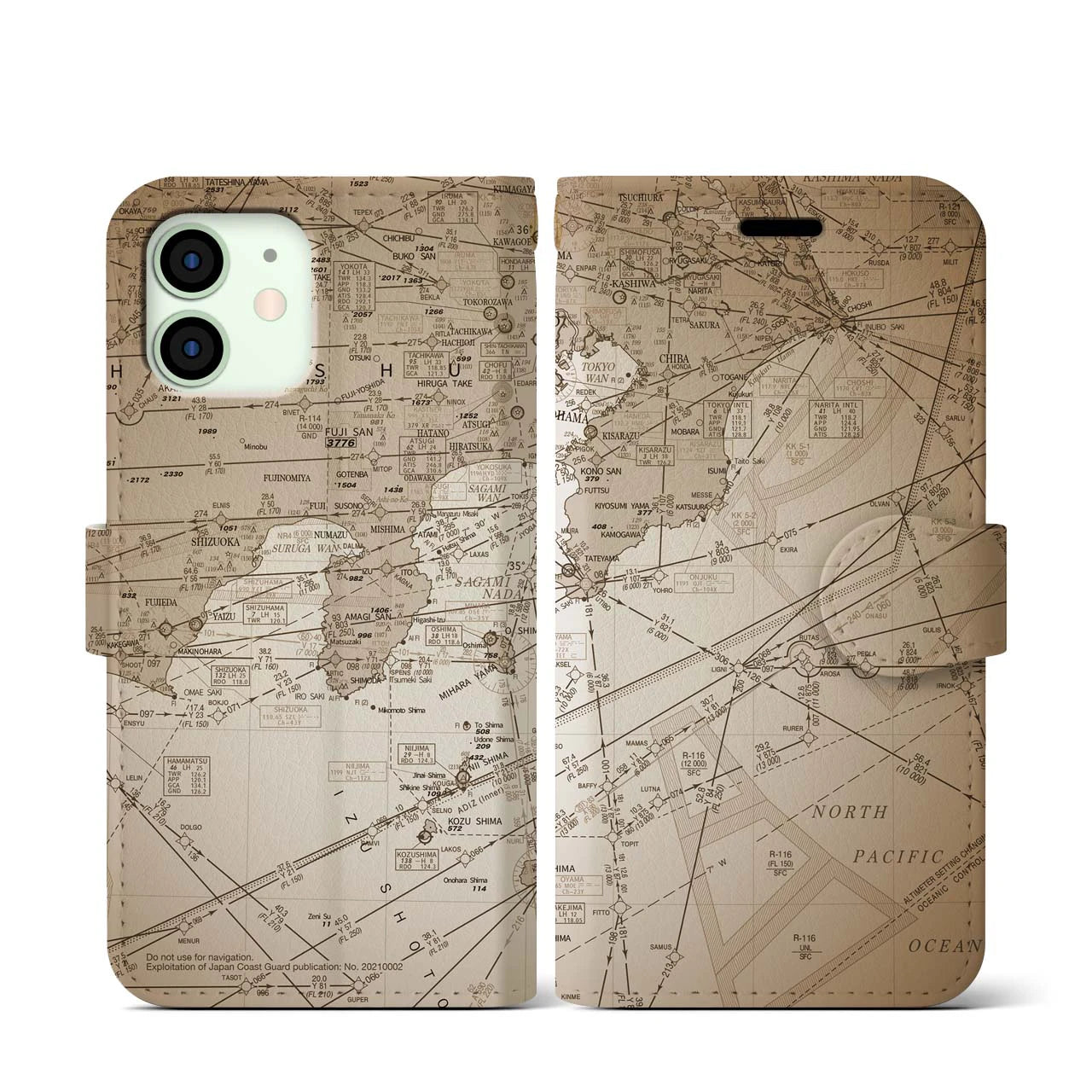 【東京航空図(東京都)】航空図iPhoneケース(手帳タイプ)セピア・iPhone 12 mini 用