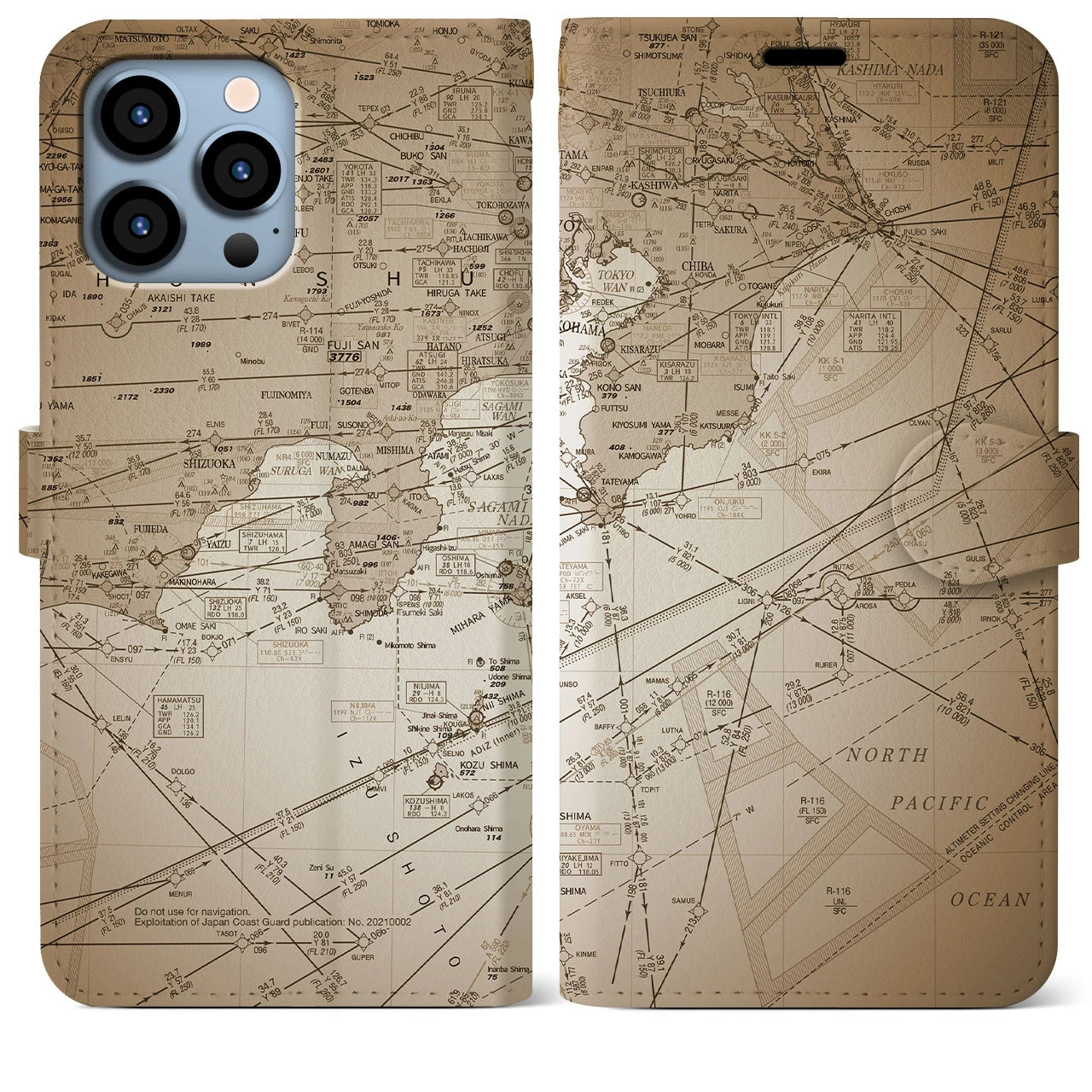 【東京航空図(東京都)】航空図iPhoneケース(手帳タイプ)セピア・iPhone 13 Pro Max 用