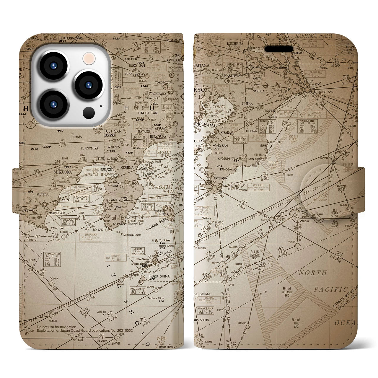 【東京航空図(東京都)】航空図iPhoneケース(手帳タイプ)セピア・iPhone 13 Pro 用