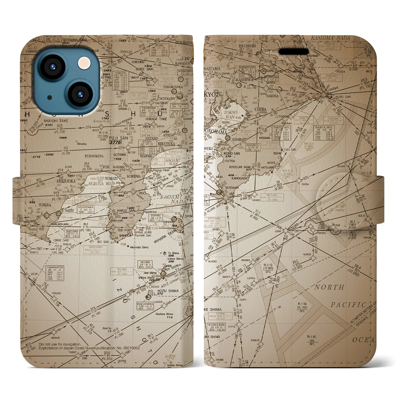 【東京航空図(東京都)】航空図iPhoneケース(手帳タイプ)セピア・iPhone 13 用