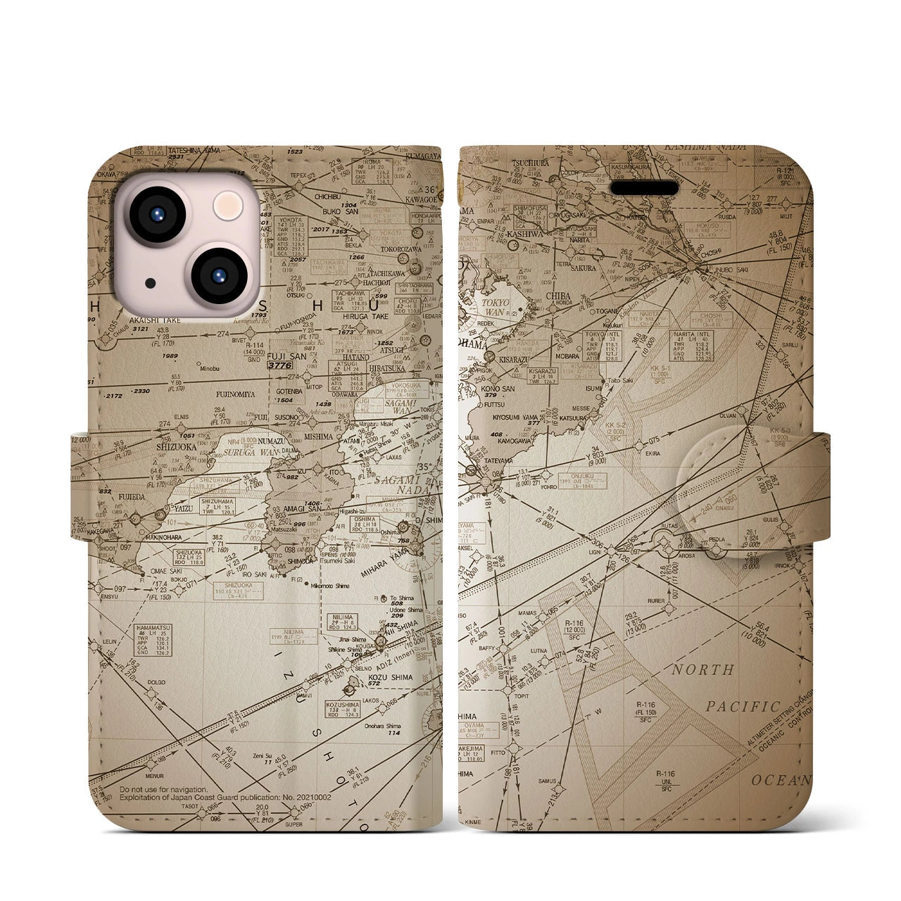 【東京航空図(東京都)】航空図iPhoneケース(手帳タイプ)セピア・iPhone 13 mini 用