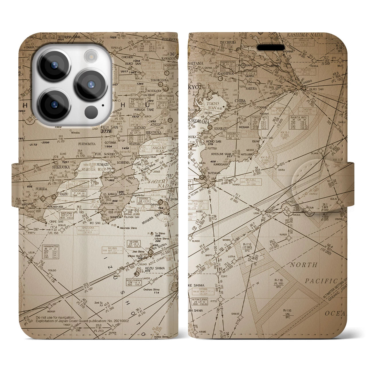 【東京航空図(東京都)】航空図iPhoneケース(手帳タイプ)セピア・iPhone 14 Pro 用