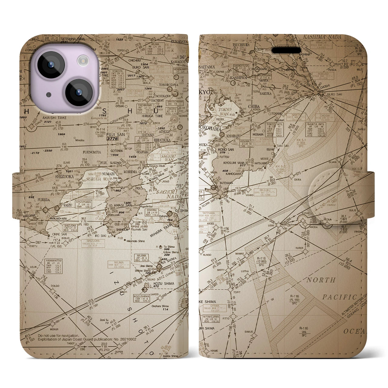 【東京航空図(東京都)】航空図iPhoneケース(手帳タイプ)セピア・iPhone 14 用