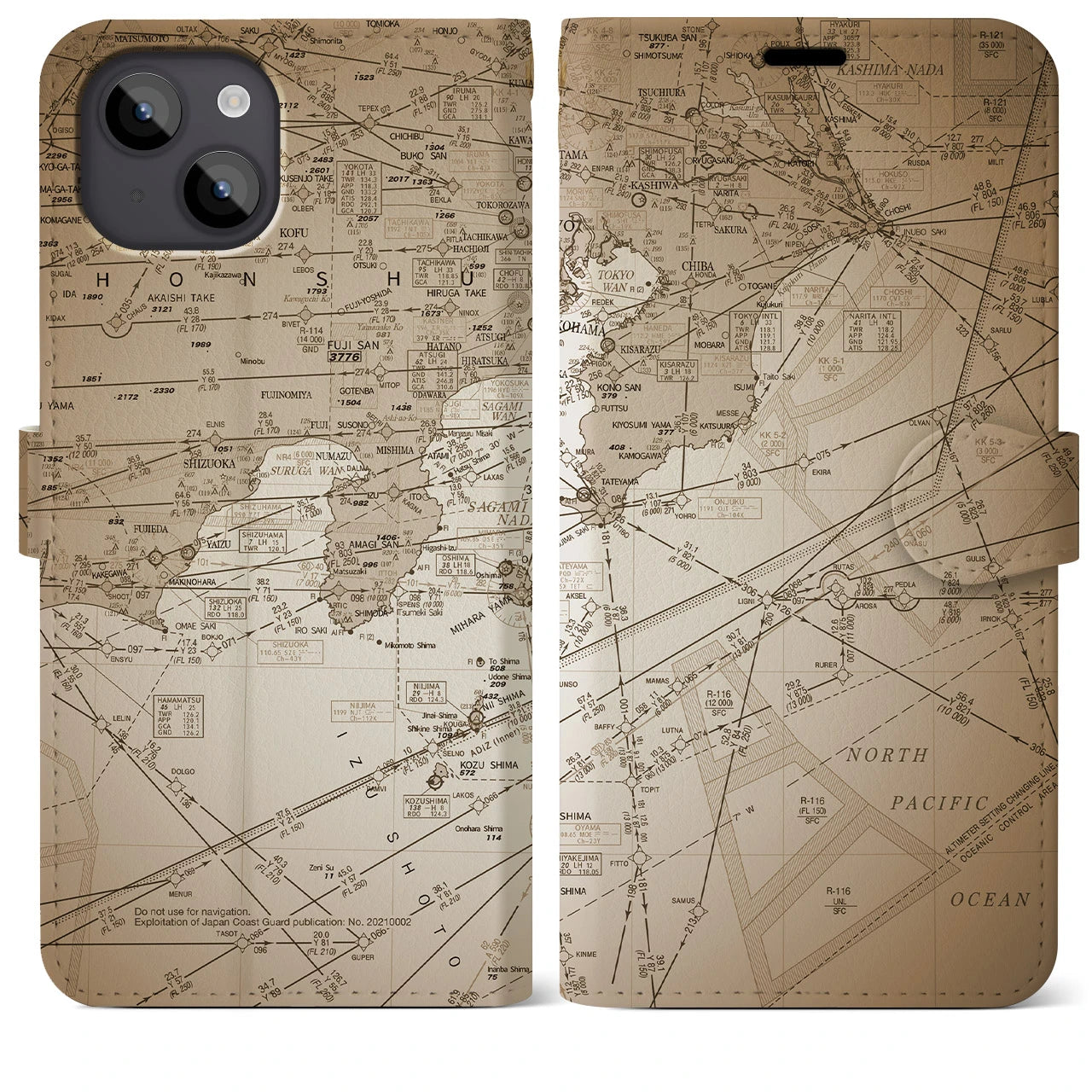 【東京航空図(東京都)】航空図iPhoneケース(手帳タイプ)セピア・iPhone 14 Plus 用