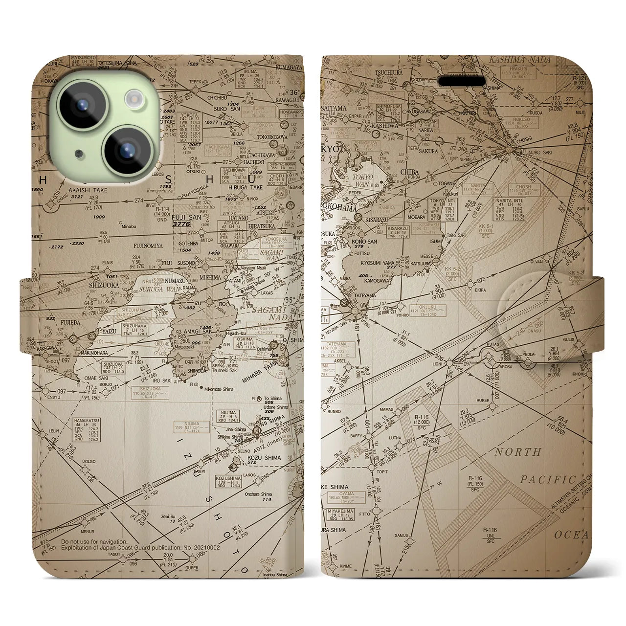 【東京航空図(東京都)】航空図iPhoneケース(手帳タイプ)セピア・iPhone 15 用