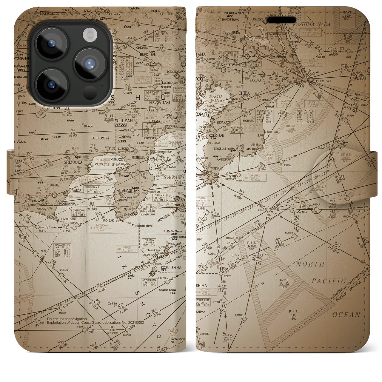 【東京航空図(東京都)】航空図iPhoneケース(手帳タイプ)セピア・iPhone 15 Pro Max 用