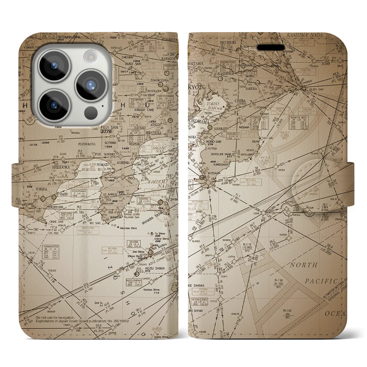 【東京航空図(東京都)】航空図iPhoneケース(手帳タイプ)セピア・iPhone 15 Pro 用