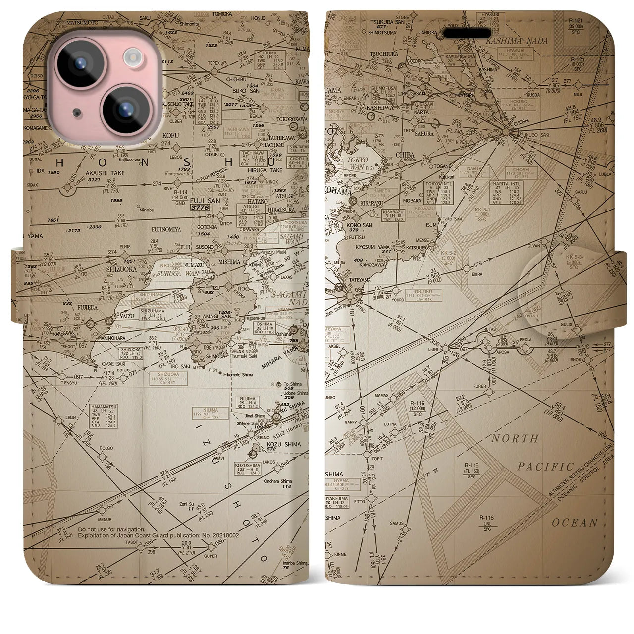 【東京航空図(東京都)】航空図iPhoneケース(手帳タイプ)セピア・iPhone 15 Plus 用