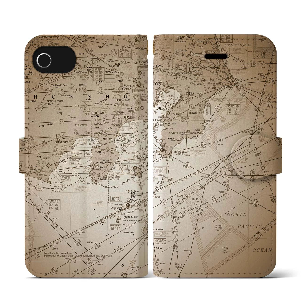 【東京航空図(東京都)】航空図iPhoneケース(手帳タイプ)セピア・iPhone SE(第3 / 第2世代) / 8 / 7 / 6s / 6 用