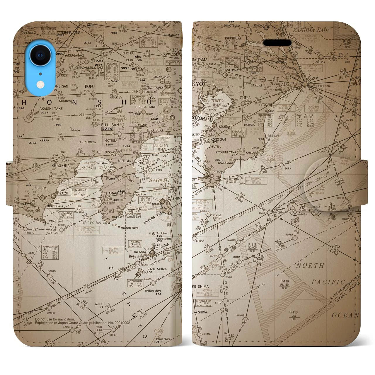 【東京航空図(東京都)】航空図iPhoneケース(手帳タイプ)セピア・iPhone XR 用