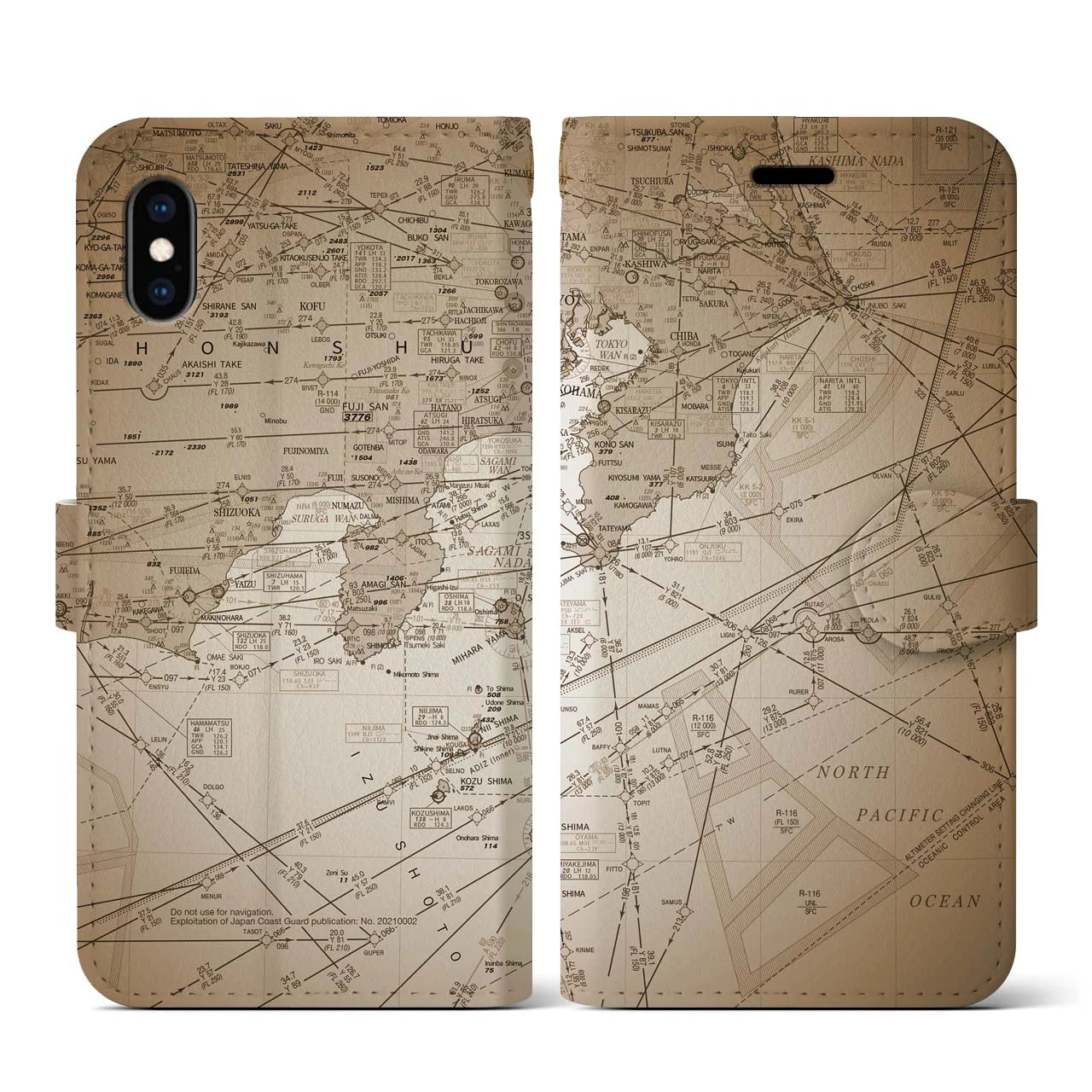 【東京航空図(東京都)】航空図iPhoneケース(手帳タイプ)セピア・iPhone XS / X 用