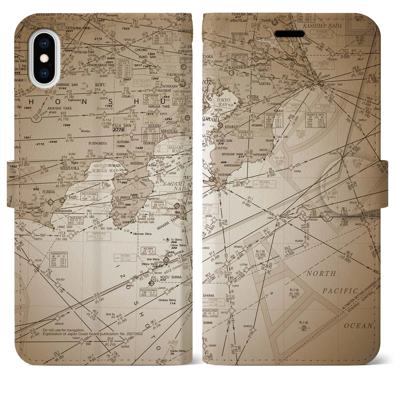 【東京航空図(東京都)】航空図iPhoneケース(手帳タイプ)セピア・iPhone XS Max 用