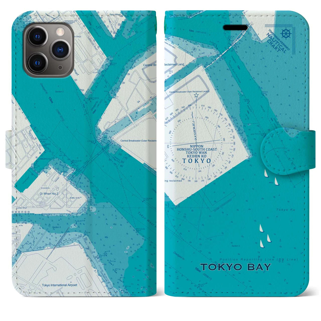 【東京港(東京都)】海図iPhoneケース(手帳タイプ)ブルー・iPhone 11 Pro Max 用