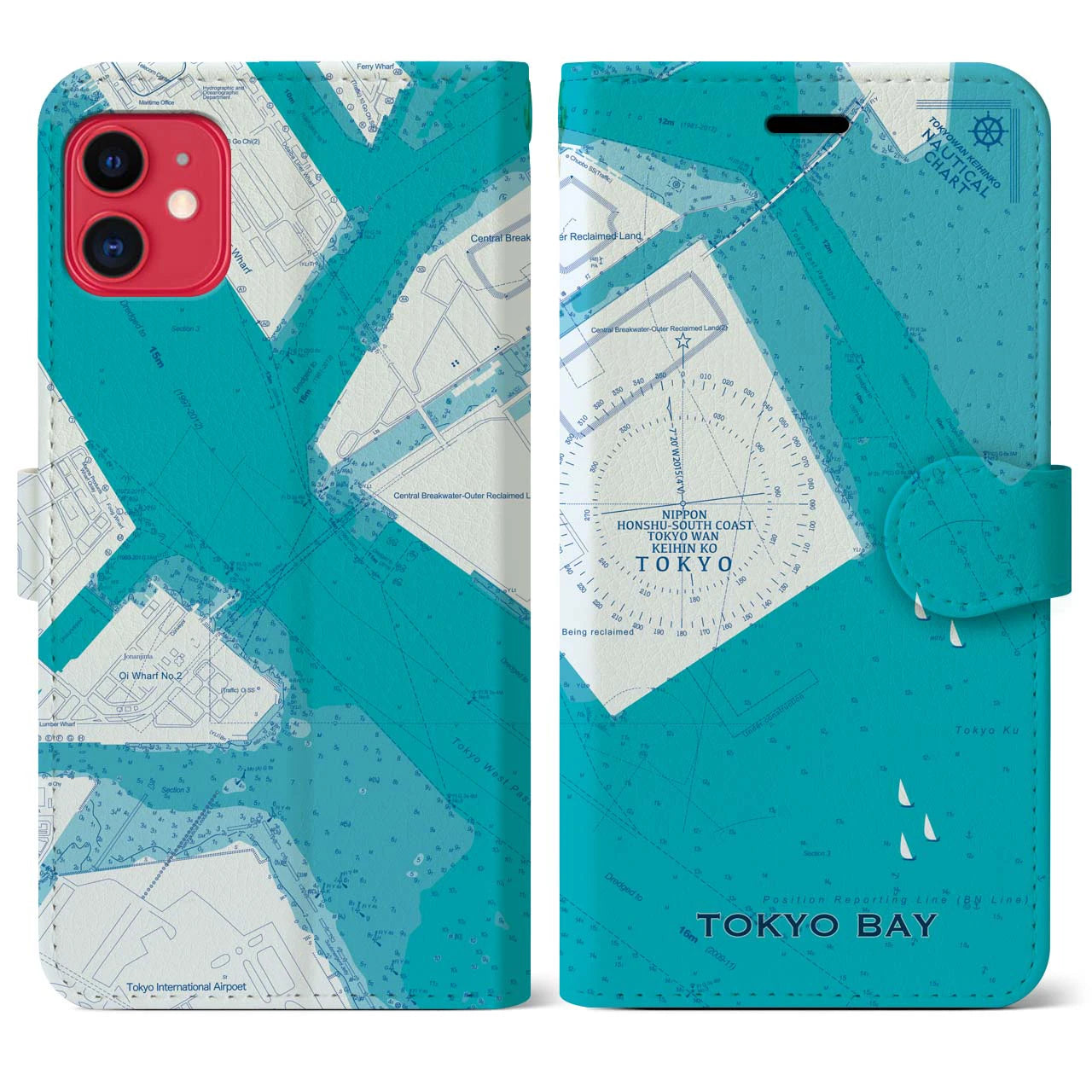 【東京港(東京都)】海図iPhoneケース(手帳タイプ)ブルー・iPhone 11 用
