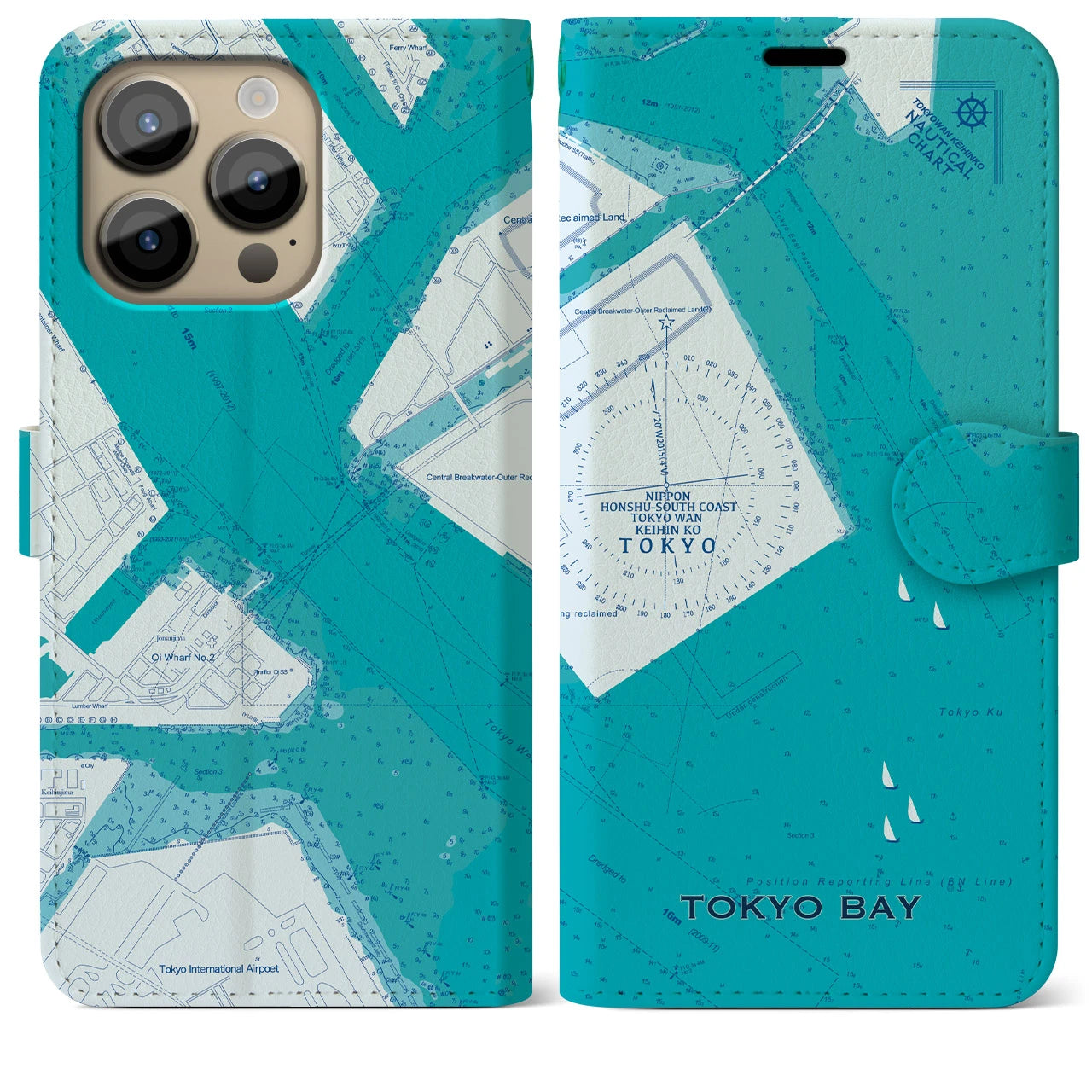 【東京港(東京都)】海図iPhoneケース(手帳タイプ)ブルー・iPhone 14 Pro Max 用