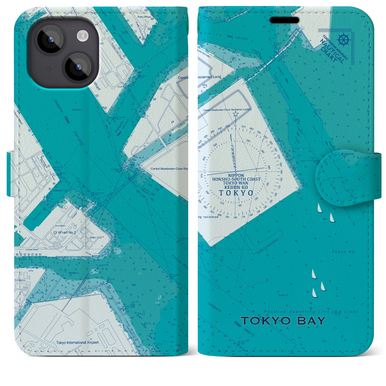 【東京港(東京都)】海図iPhoneケース(手帳タイプ)ブルー・iPhone 14 Plus 用