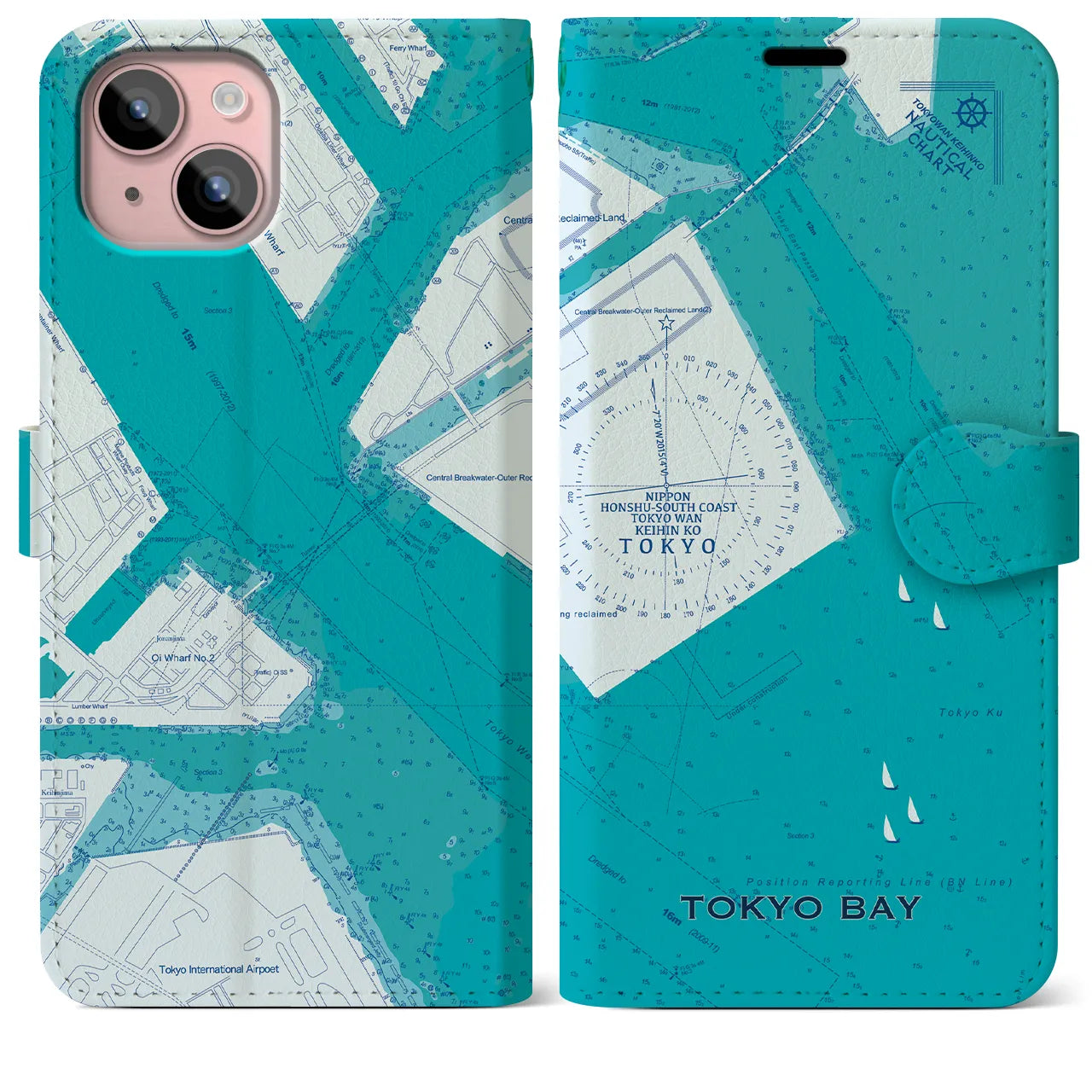 【東京港(東京都)】海図iPhoneケース(手帳タイプ)ブルー・iPhone 15 Plus 用