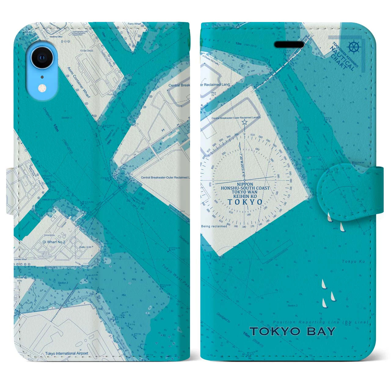 【東京港(東京都)】海図iPhoneケース(手帳タイプ)ブルー・iPhone XR 用
