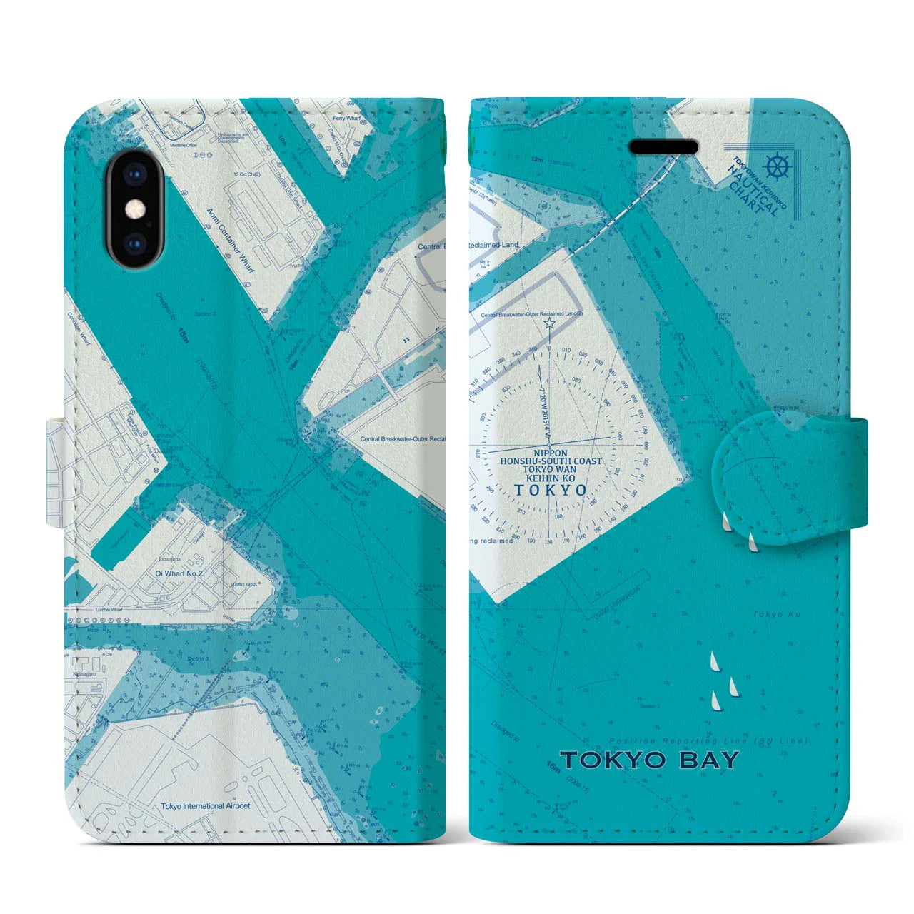 【東京港(東京都)】海図iPhoneケース(手帳タイプ)ブルー・iPhone XS / X 用