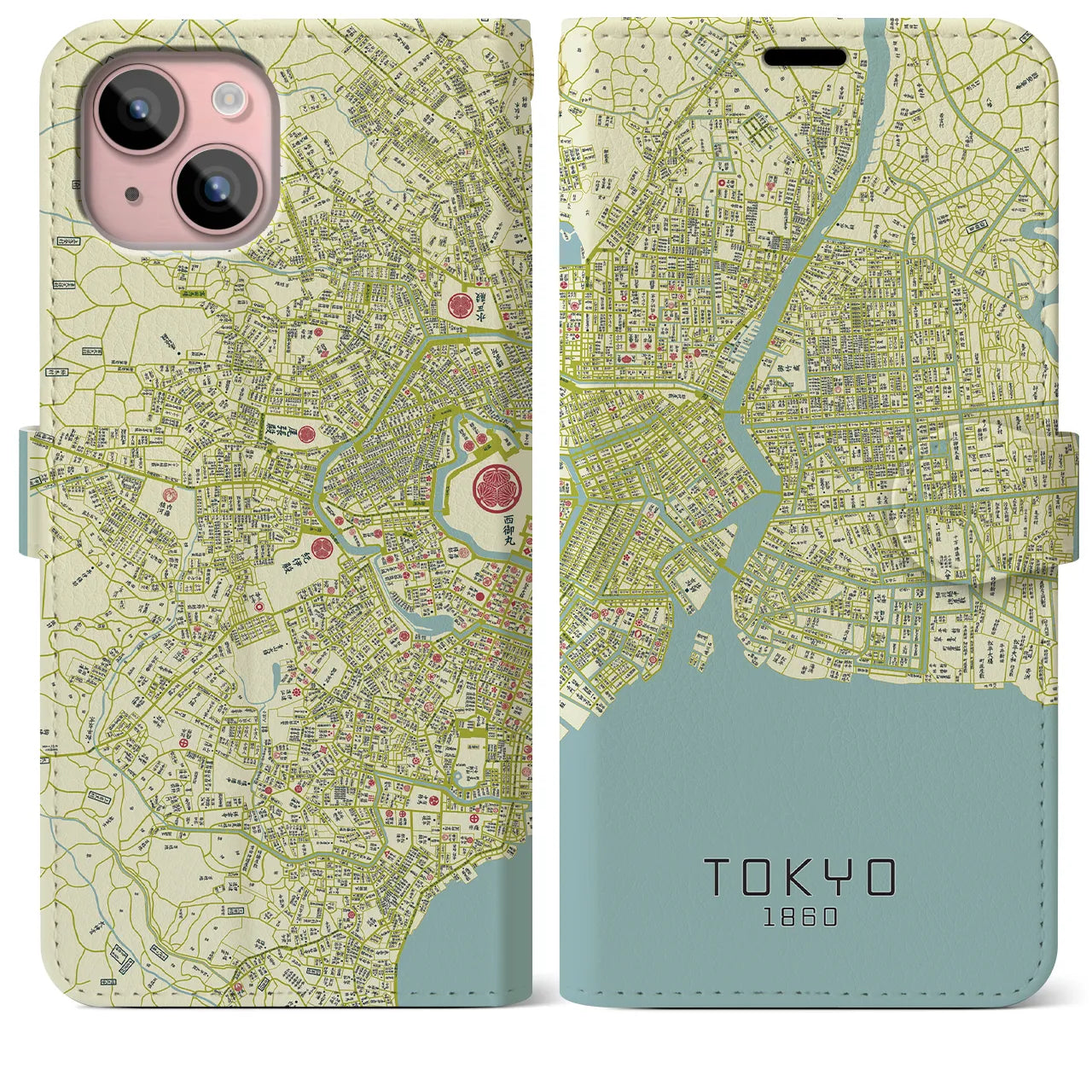 【東京1860】地図柄iPhoneケース(手帳両面タイプ・ナチュラル)iPhone 15 Plus 用