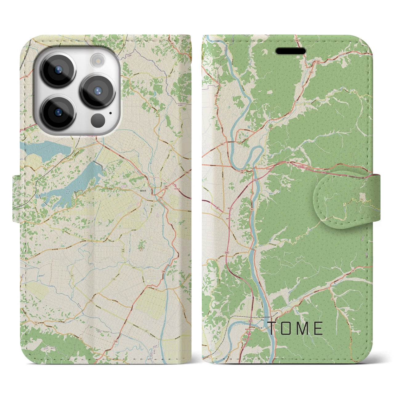 【登米(宮城県)】地図柄iPhoneケース(手帳タイプ)ナチュラル・iPhone 14 Pro 用